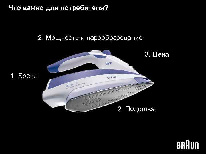 Что важно для потребителя? 2. Мощность и парообразование 3. Цена 1. Бренд 2. Подошва
