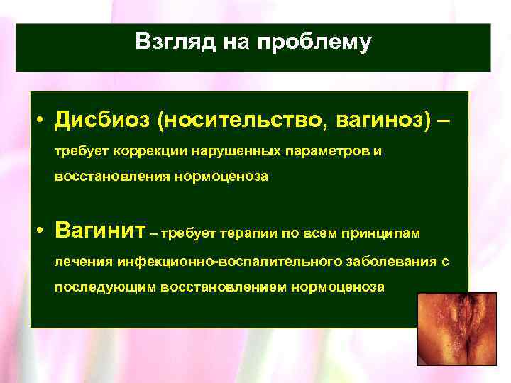 Взгляд на проблему • Дисбиоз (носительство, вагиноз) – требует коррекции нарушенных параметров и восстановления