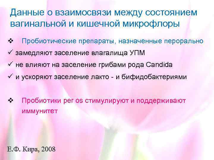 Данные о взаимосвязи между состоянием вагинальной и кишечной микрофлоры v Пробиотические препараты, назначенные перорально