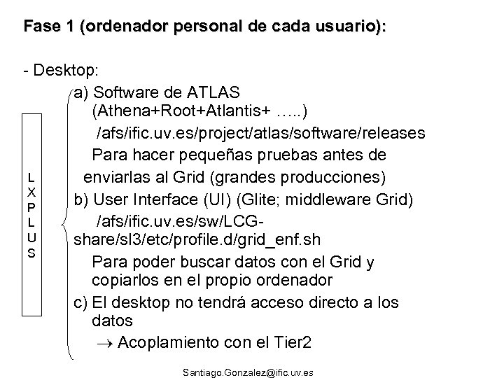 Fase 1 (ordenador personal de cada usuario): - Desktop: a) Software de ATLAS (Athena+Root+Atlantis+