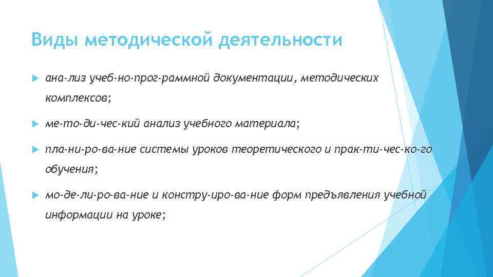 Виды методической деятельности ана лиз учеб но-прог раммной документации, методических комплексов; ме то ди