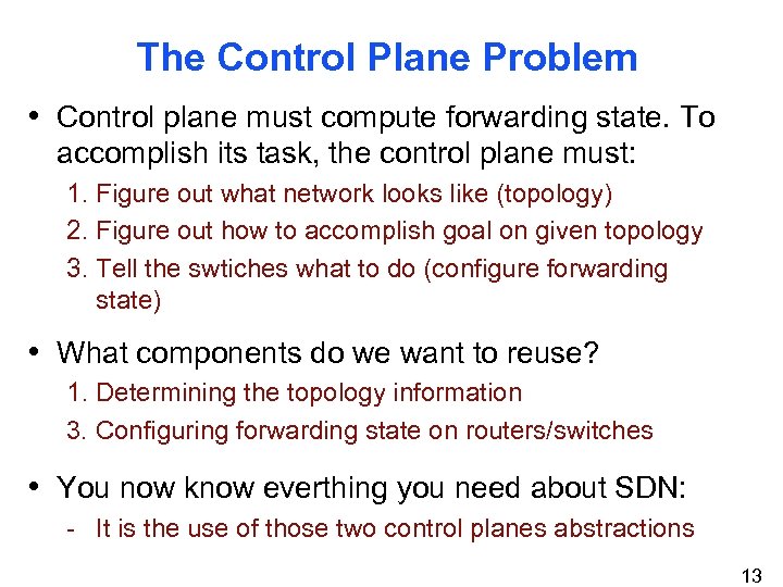 The Control Plane Problem • Control plane must compute forwarding state. To accomplish its