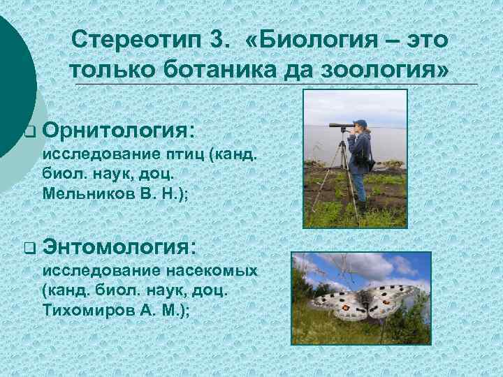 Стереотип 3. «Биология – это только ботаника да зоология» q Орнитология: исследование птиц (канд.