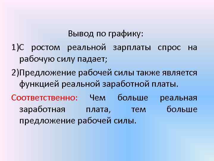 Вывод по графику: 1)С ростом реальной зарплаты спрос на рабочую силу падает; 2)Предложение рабочей