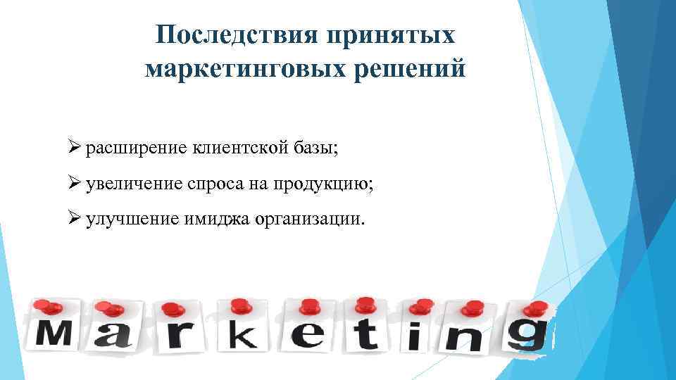 Последствия принятых маркетинговых решений Ø расширение клиентской базы; Ø увеличение спроса на продукцию; Ø