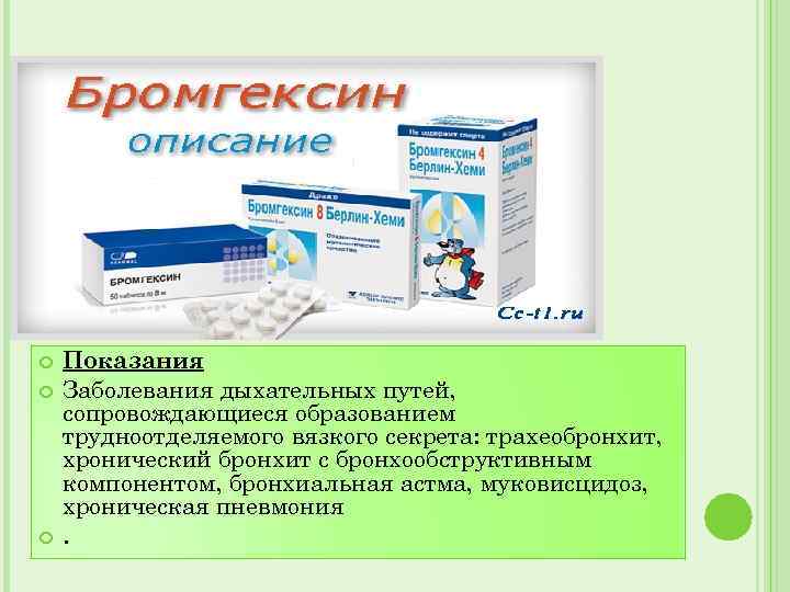  Показания Заболевания дыхательных путей, сопровождающиеся образованием трудноотделяемого вязкого секрета: трахеобронхит, хронический бронхит с