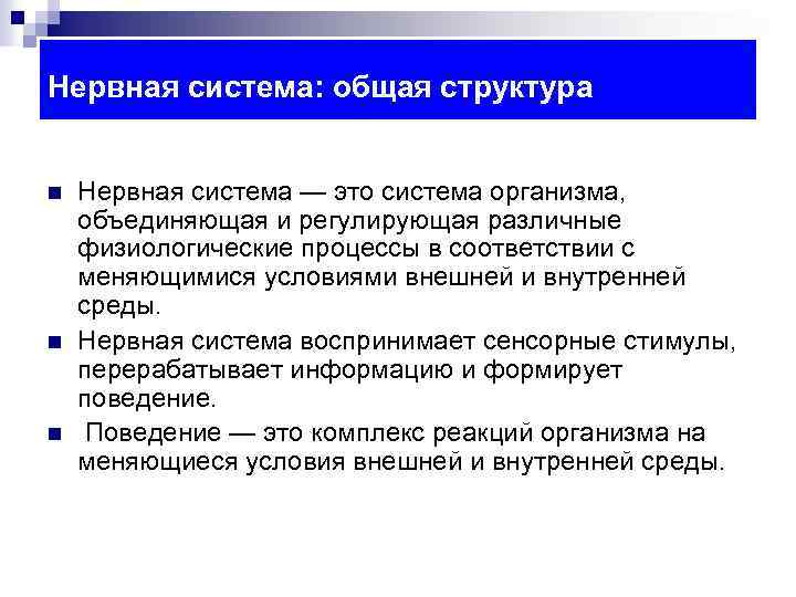 Нервная система: общая структура n n n Нервная система — это система организма, объединяющая
