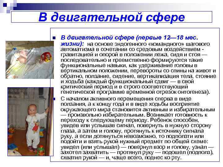 В двигательной сфере n n В двигательной сфере (первые 12— 18 мес. жизни): на