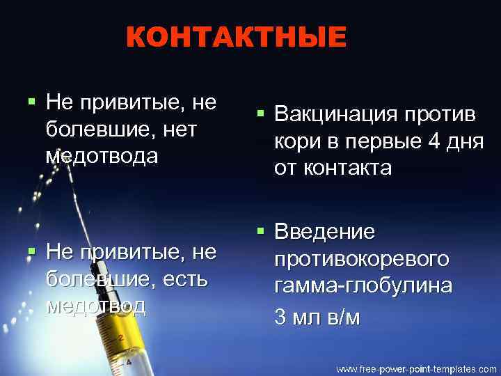 КОНТАКТНЫЕ § Не привитые, не болевшие, нет медотвода § Не привитые, не болевшие, есть