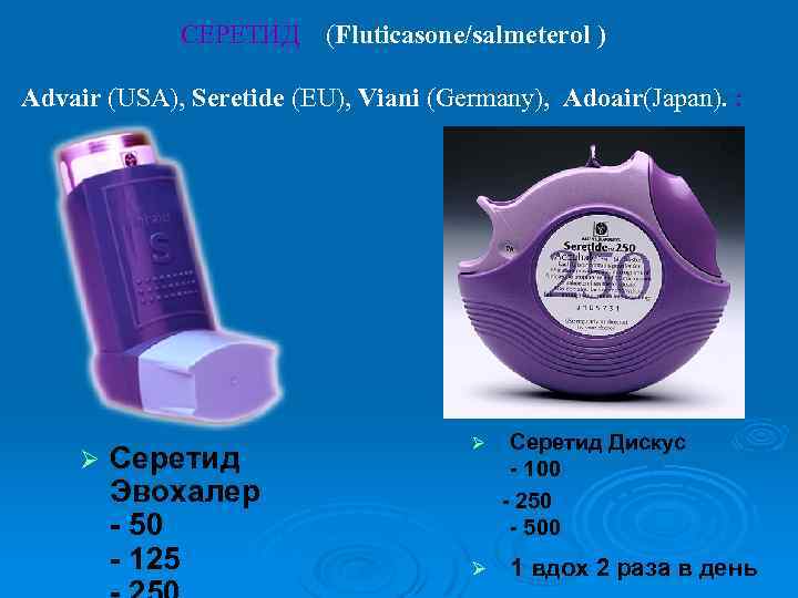 СЕРЕТИД (Fluticasone/salmeterol ) Advair (USA), Seretide (EU), Viani (Germany), Adoair(Japan). : Ø Серетид Эвохалер