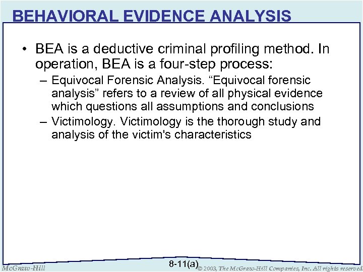 BEHAVIORAL EVIDENCE ANALYSIS • BEA is a deductive criminal profiling method. In operation, BEA