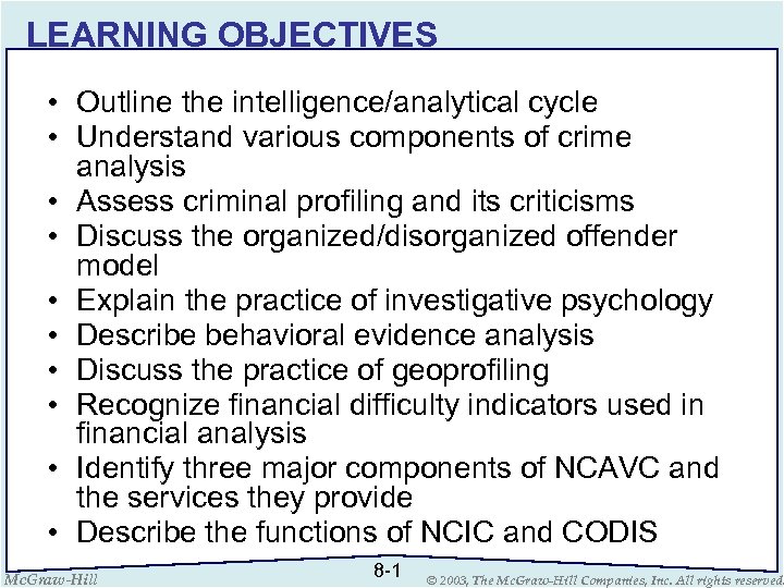 LEARNING OBJECTIVES • Outline the intelligence/analytical cycle • Understand various components of crime analysis