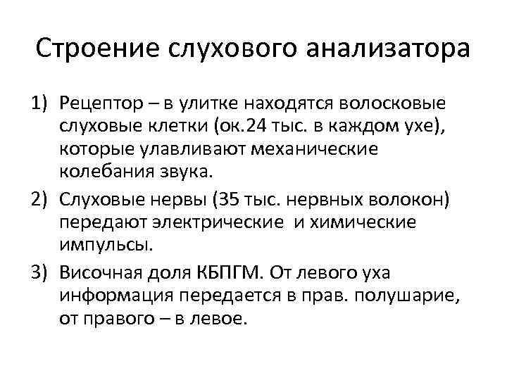 Строение слухового анализатора 1) Рецептор – в улитке находятся волосковые слуховые клетки (ок. 24