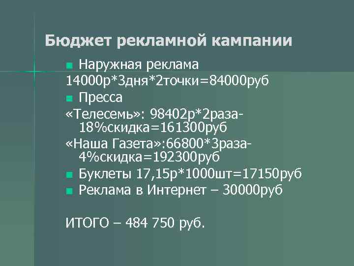 Бюджет рекламной кампании Наружная реклама 14000 р*3 дня*2 точки=84000 руб n Пресса «Телесемь» :