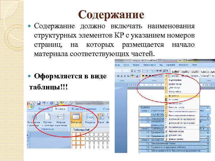 Содержание должно включать наименования структурных элементов КР с указанием номеров страниц, на которых размещается