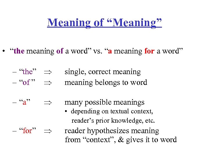 Meaning of “Meaning” • “the meaning of a word” vs. “a meaning for a
