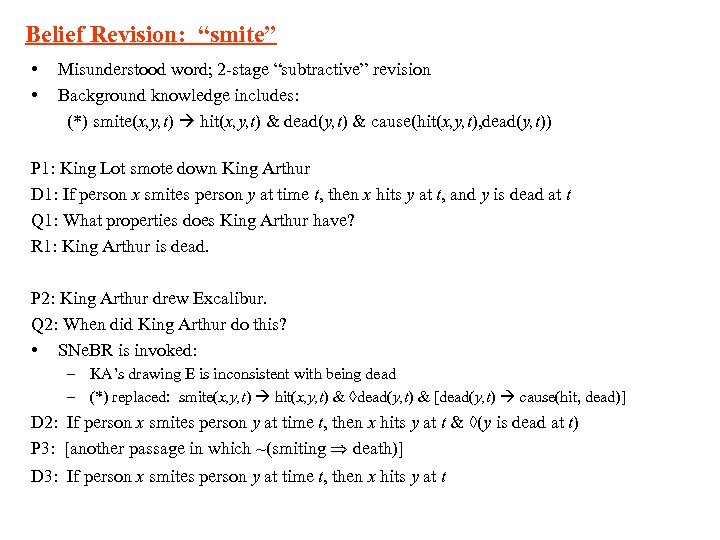 Belief Revision: “smite” • • Misunderstood word; 2 -stage “subtractive” revision Background knowledge includes: