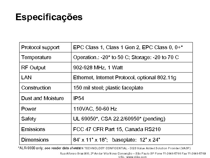 Especificações Protocol support EPC Class 1, Class 1 Gen 2, EPC Class 0, 0+*