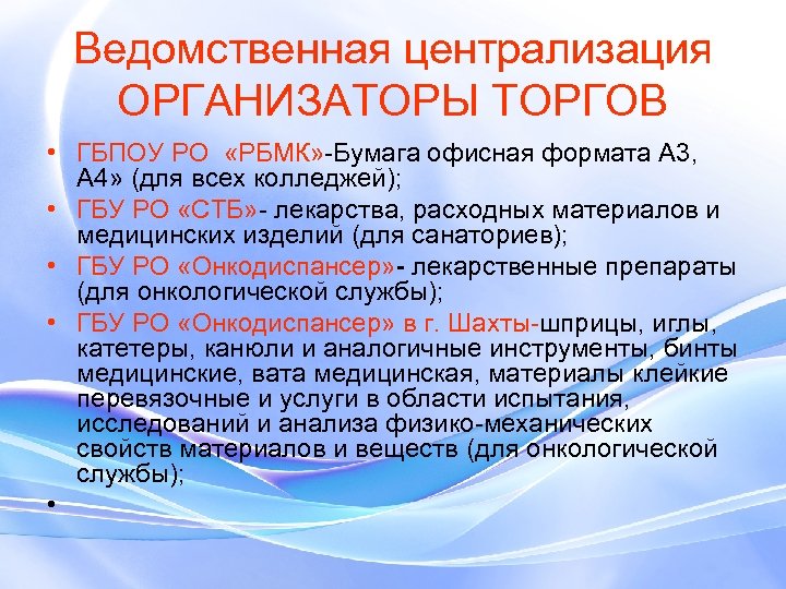 Ведомственная централизация ОРГАНИЗАТОРЫ ТОРГОВ • ГБПОУ РО «РБМК» -Бумага офисная формата А 3, А