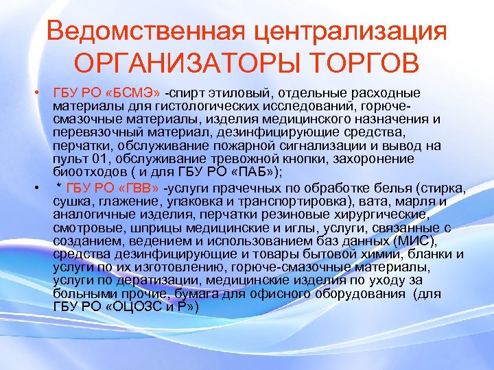 Ведомственная централизация ОРГАНИЗАТОРЫ ТОРГОВ • ГБУ РО «БСМЭ» -спирт этиловый, отдельные расходные материалы для