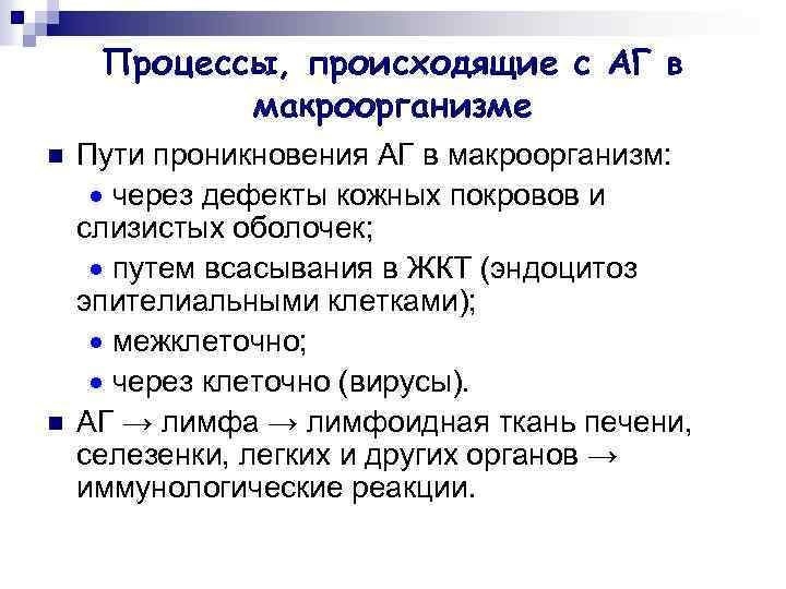 Процессы, происходящие с АГ в макроорганизме n n Пути проникновения АГ в макроорганизм: через