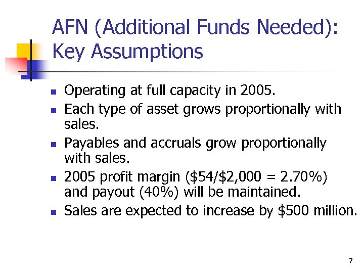 AFN (Additional Funds Needed): Key Assumptions n n n Operating at full capacity in