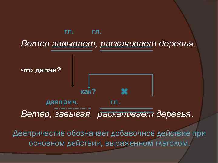 Деепричастие обозначает добавочное. Как обозначить сказуемое значком при деепричастном обороте. Как обозначить образные обороты.