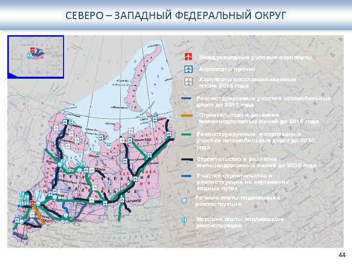 СЕВЕРО – ЗАПАДНЫЙ ФЕДЕРАЛЬНЫЙ ОКРУГ Международные узловые аэропорты Аэропорты прочие Аэропорты восстанавливаемые после 2015