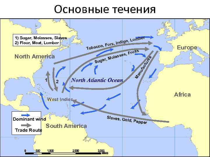 Основные течения ber 1) Sugar, Molasses, Slaves 2) Flour, Meat, Lumber co, Tobac ,