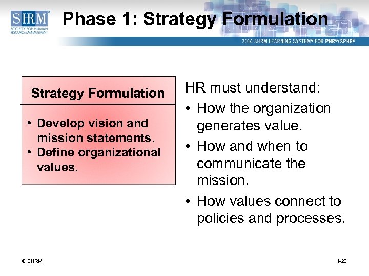 Phase 1: Strategy Formulation • Develop vision and mission statements. • Define organizational values.