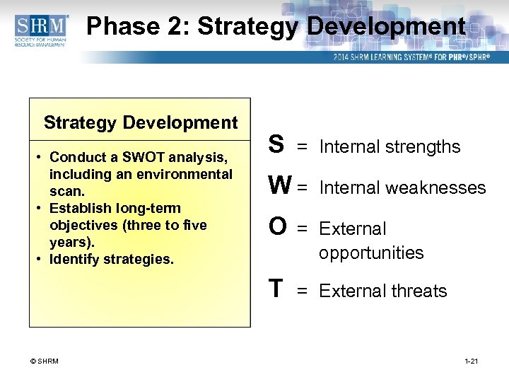 Phase 2: Strategy Development • Conduct a SWOT analysis, including an environmental scan. •