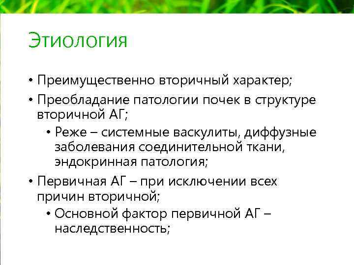 Этиология • Преимущественно вторичный характер; • Преобладание патологии почек в структуре вторичной АГ; •