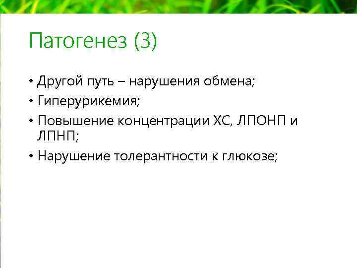 Патогенез (3) • Другой путь – нарушения обмена; • Гиперурикемия; • Повышение концентрации ХС,