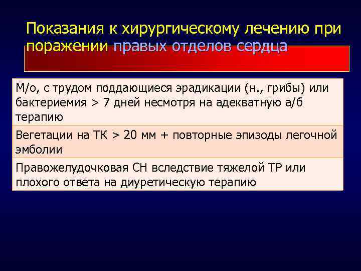 Показания к хирургическому лечению при поражении правых отделов сердца М/о, с трудом поддающиеся эрадикации