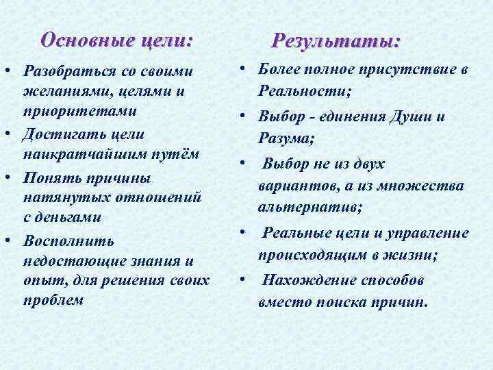 Основные цели: • Разобраться со своими желаниями, целями и приоритетами • Достигать цели наикратчайшим