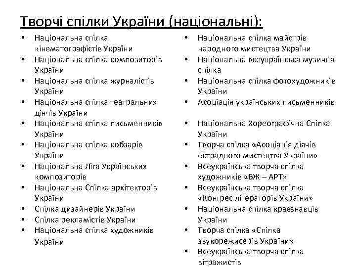 Творчі спілки України (національні): • • • Національна спілка кінематографістів України Національна спілка композиторів