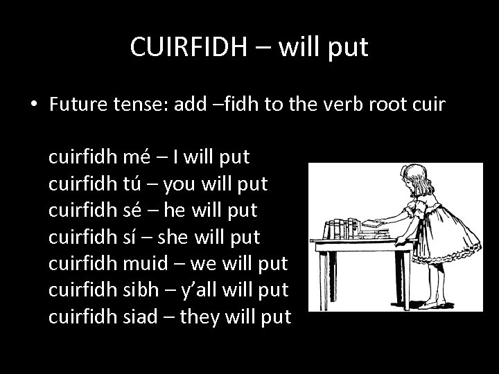 CUIRFIDH – will put • Future tense: add –fidh to the verb root cuirfidh