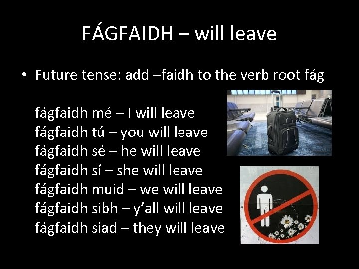 FÁGFAIDH – will leave • Future tense: add –faidh to the verb root fágfaidh