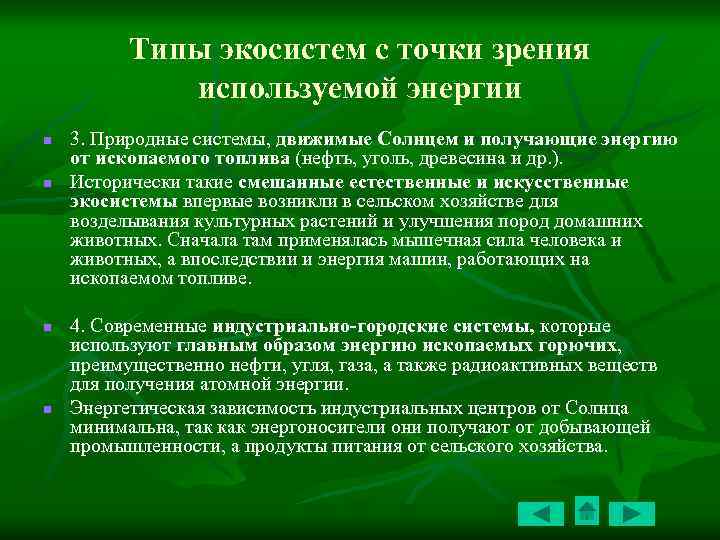 Типы экосистем с точки зрения используемой энергии n n 3. Природные системы, движимые Солнцем