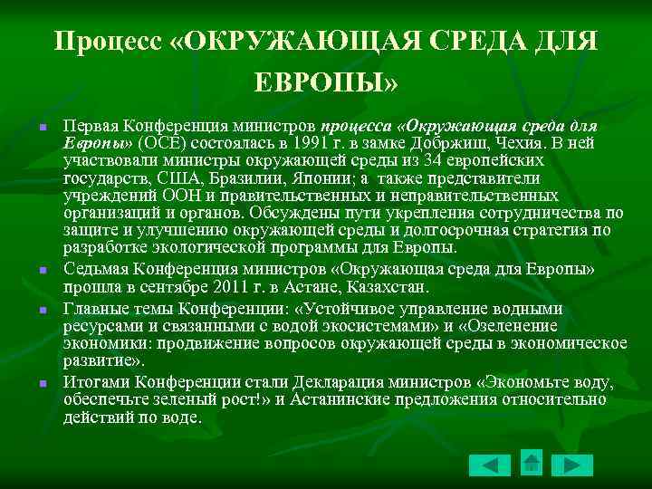 Процесс «ОКРУЖАЮЩАЯ СРЕДА ДЛЯ ЕВРОПЫ» n n Первая Конференция министров процесса «Окружающая среда для