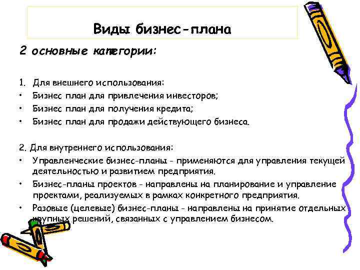 Виды бизнес-плана 2 основные категории: 1. • • • Для внешнего использования: Бизнес план