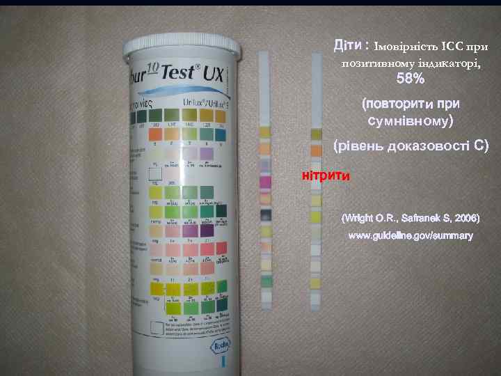 Діти : Імовірність ІСС при позитивному індикаторі, 58% (повторити при сумнівному) (рівень доказовості С)