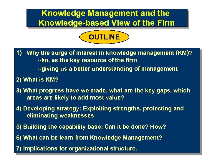 Knowledge Management and the Knowledge-based View of the Firm OUTLINE 1) Why the surge