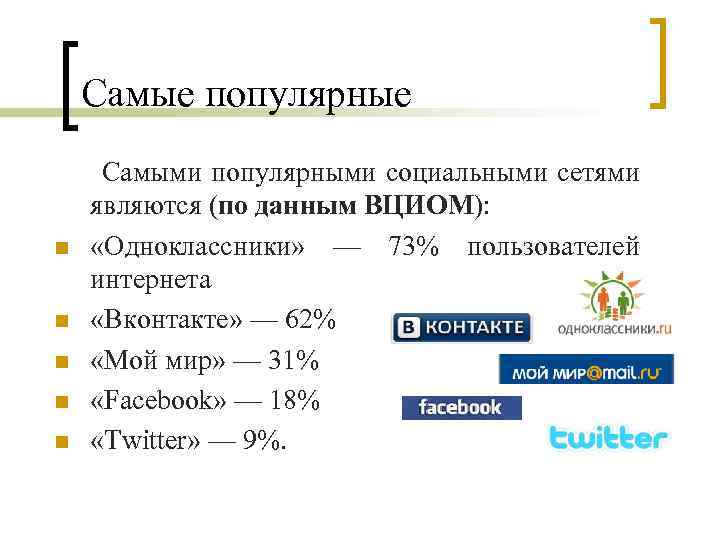 Самые популярные Самыми популярными социальными сетями являются (по данным ВЦИОМ): n «Одноклассники» — 73%