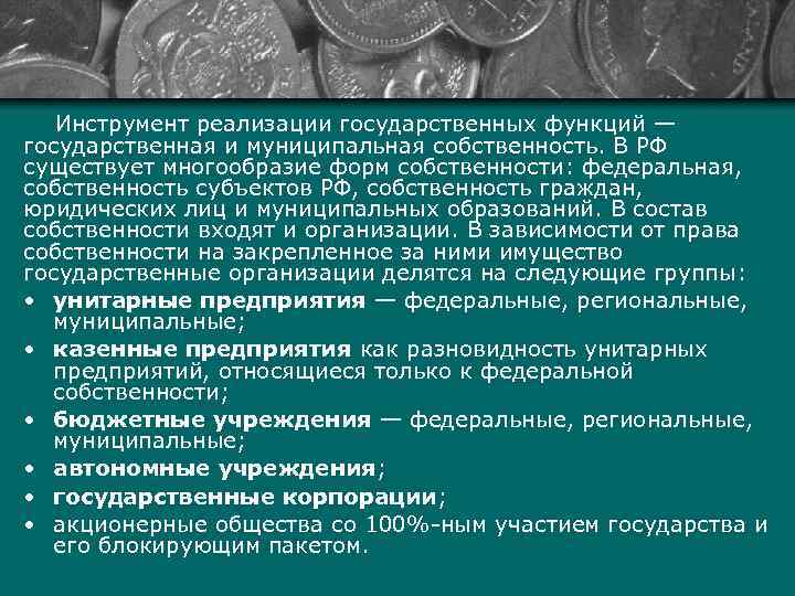 Инструмент реализации государственных функций — государственная и муниципальная собственность. В РФ существует многообразие форм