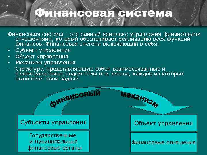 Финансовая система – это единый комплекс управления финансовыми отношениями, который обеспечивает реализацию всех функций