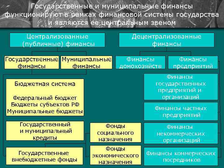 Государственные и муниципальные финансы функционируют в рамках финансовой системы государства и являются ее центральным