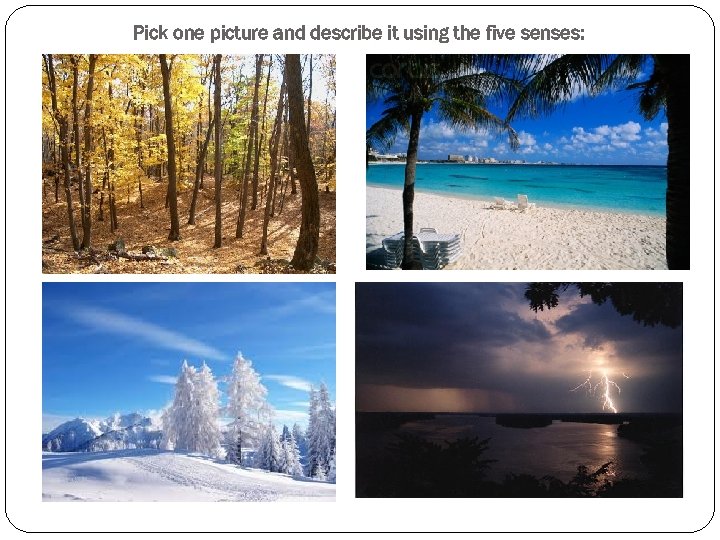 Pick one picture and describe it using the five senses: 