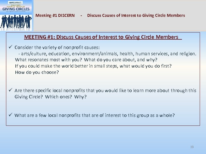 Meeting #1 DISCERN - Discuss Causes of Interest to Giving Circle Members MEETING #1: