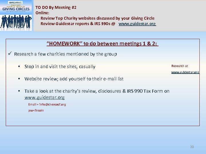 TO DO By Meeting #2 Online: Review Top Charity websites discussed by your Giving